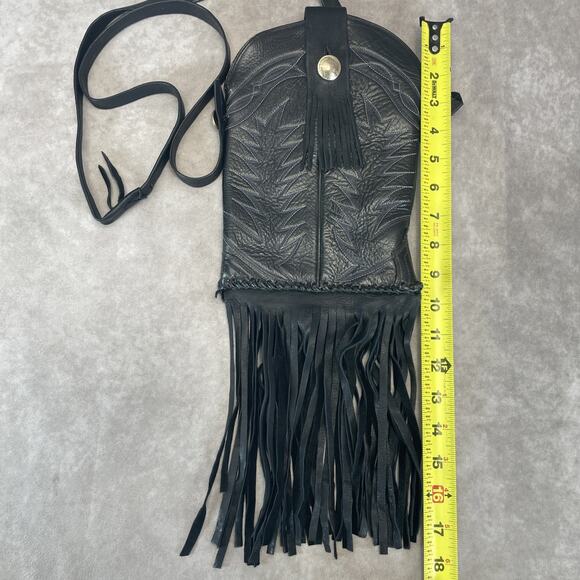 Vtg Black Leather Western Boot Fringe Crossbody Purse Indian Coin Blue Stitching - Picture 11 of 12